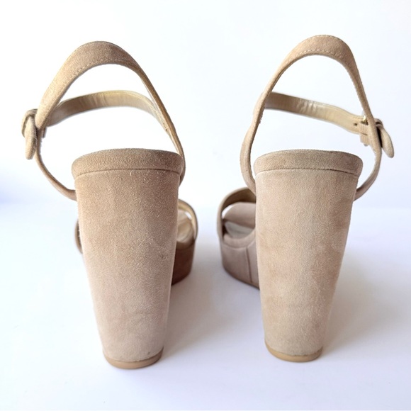 Stuart Weitzman Sundraped Tan / Beige Suede Wedge Ankle Strap Sandals 8.5 - Picture 5 of 16